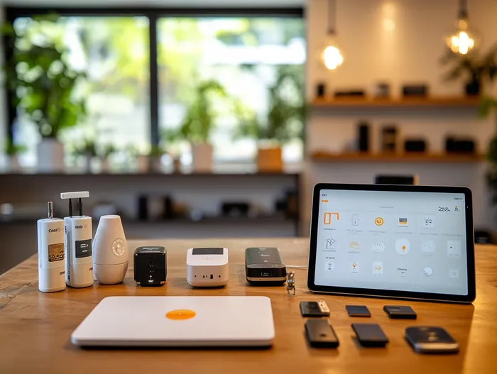 Urządzenia smart home i tablet z aplikacją do zarządzania inteligentnym domem na stole