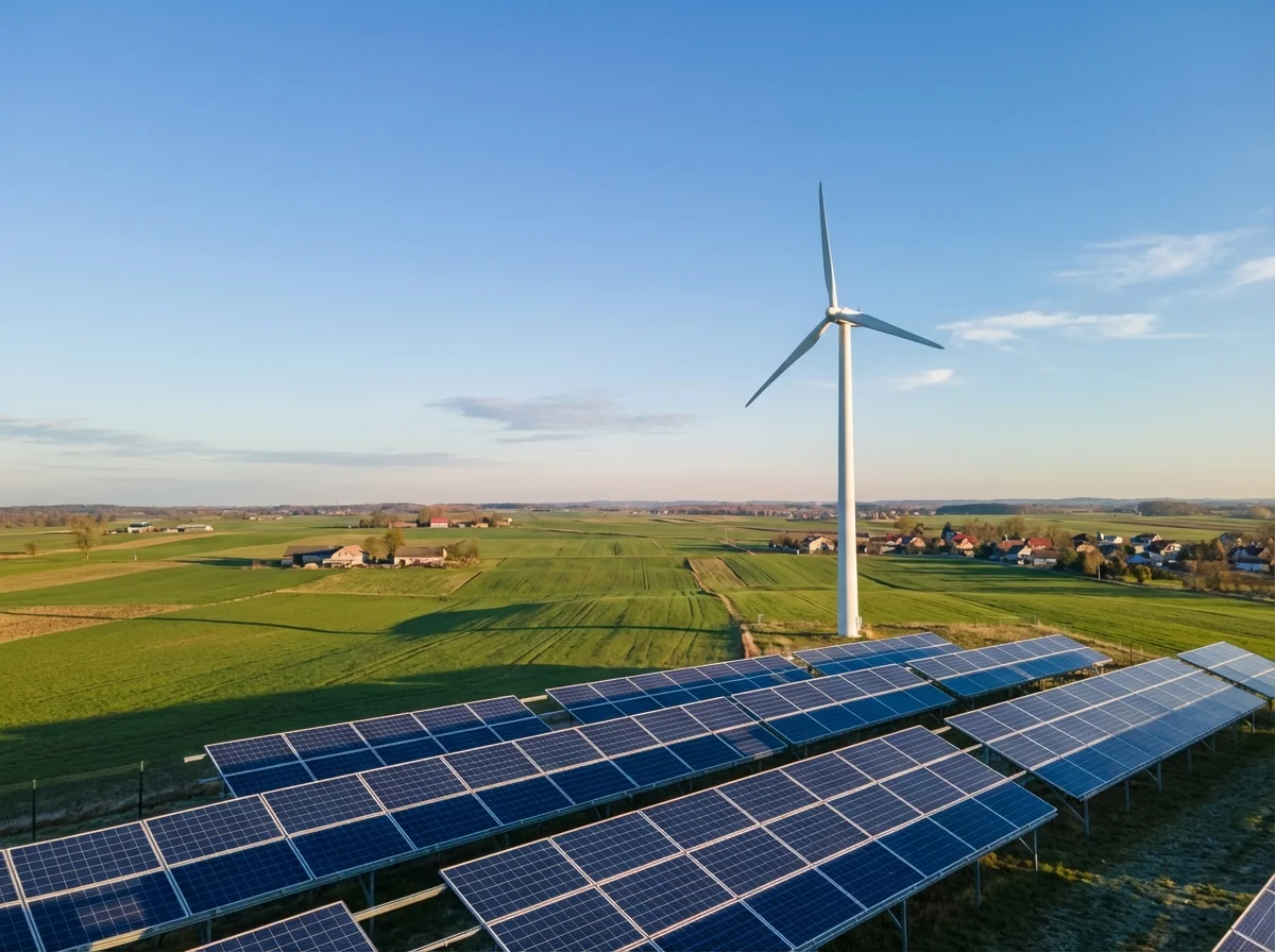 Turbina wiatrowa i panele fotowoltaiczne pracujące w jednej hybrydowej instalacji OZE
