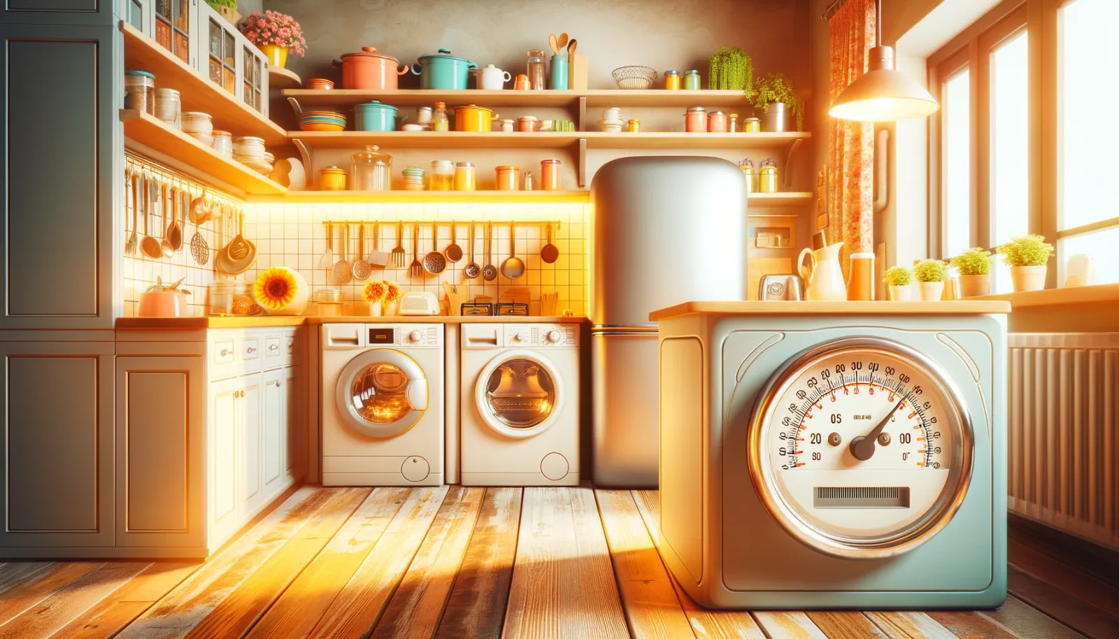 Kuchnia z pralkami, lodówką i dużym licznikiem zużycia energii