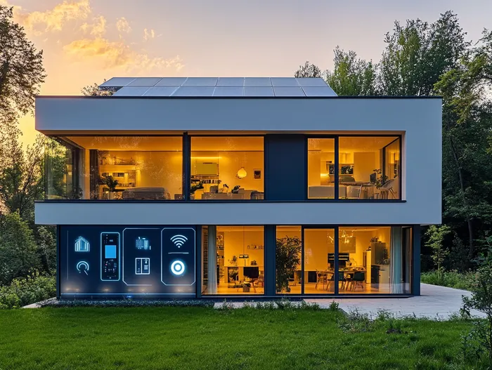 Inteligentny dom dla początkujących: nowoczesny dom z fotowoltaiką i ikonami systemu smart home na elewacji