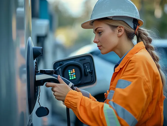 Technik w kasku i kombinezonie podłącza wtyczkę ładowarki do samochodu elektrycznego