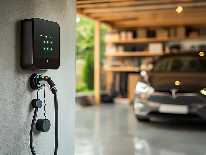 Ładowarka EV do garażu zamontowana na ścianie z podłączonym samochodem elektrycznym