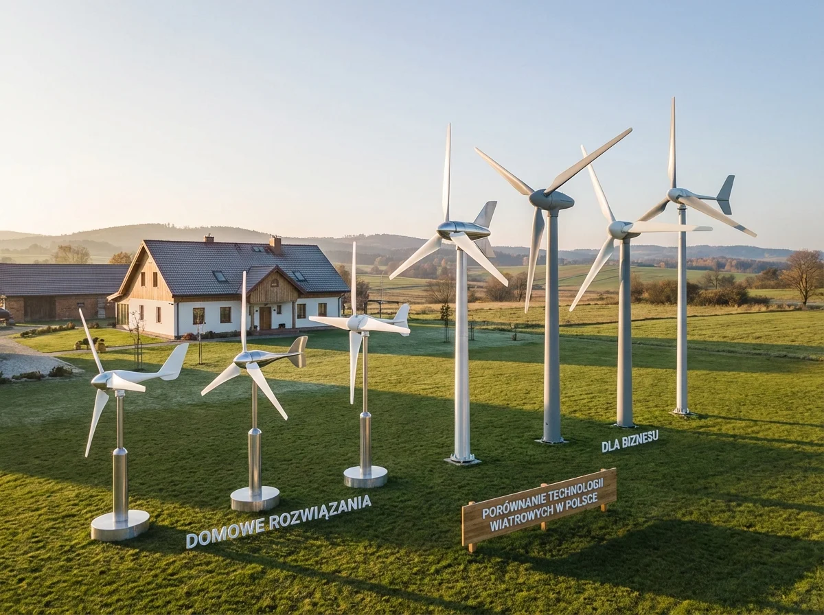 Przydomowa turbina wiatrowa na maszcie na tle nieba