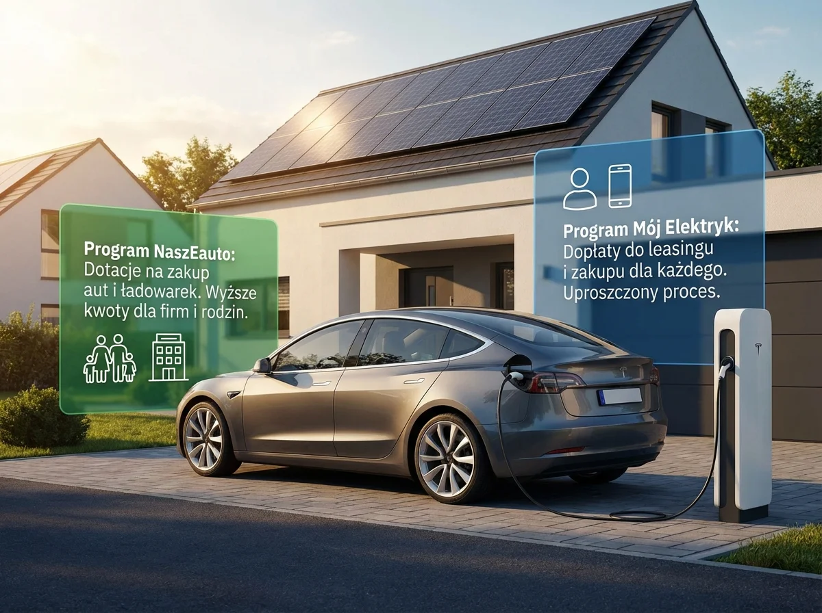 Samochód elektryczny podczas ładowania przy domu