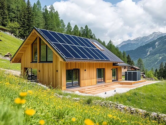 Drewniany dom w górach z panelami fotowoltaicznymi, fotowoltaika off-grid bez przyłącza do sieci