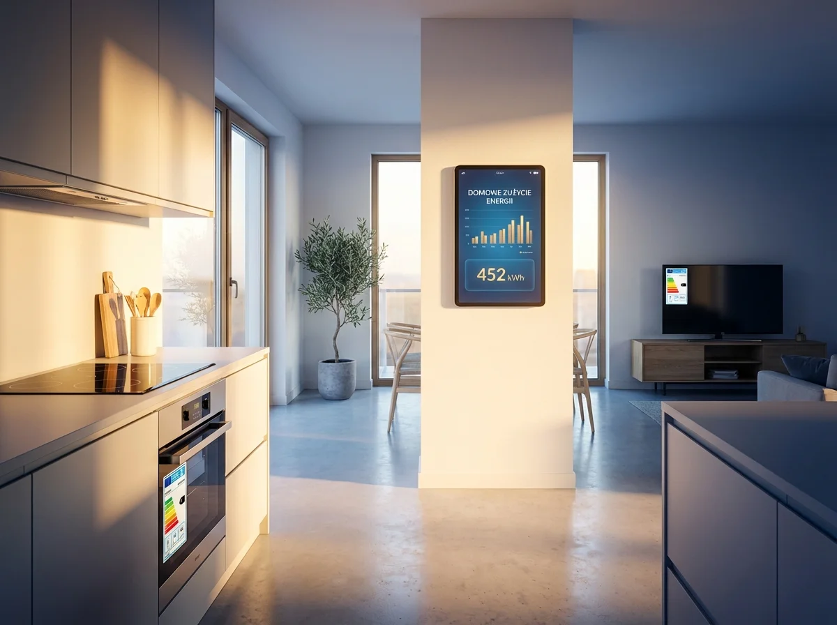 Panel z wykresem domowego zużycia energii w nowoczesnym wnętrzu z kuchnią