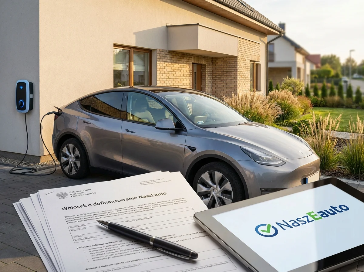 Samochód elektryczny kategorii M1 podłączony do domowej stacji ładowania, program NaszEauto