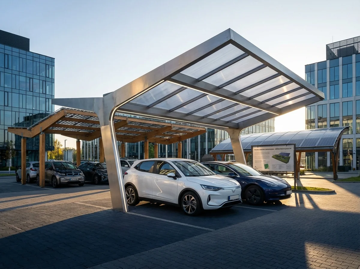 Carport fotowoltaiczny z samochodami elektrycznymi przy biurowcu