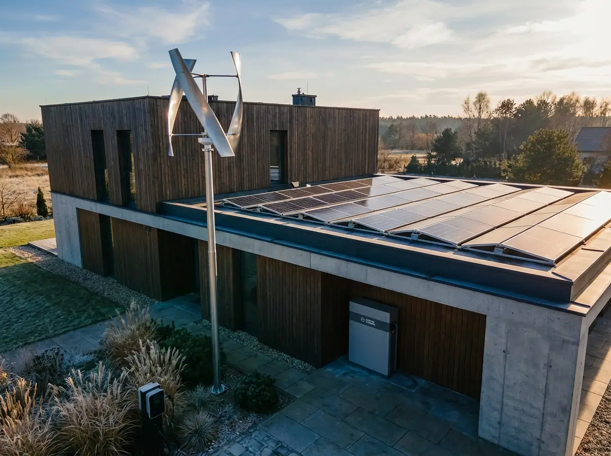 Turbina wiatrowa, panele fotowoltaiczne i magazyn energii przy domu jednorodzinnym