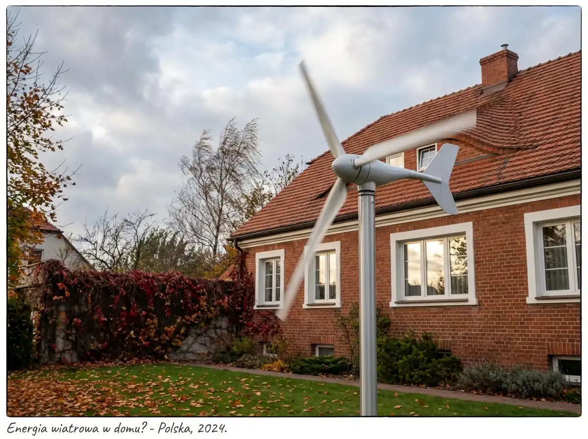 Przydomowa turbina wiatrowa obok domu jednorodzinnego na otwartym terenie