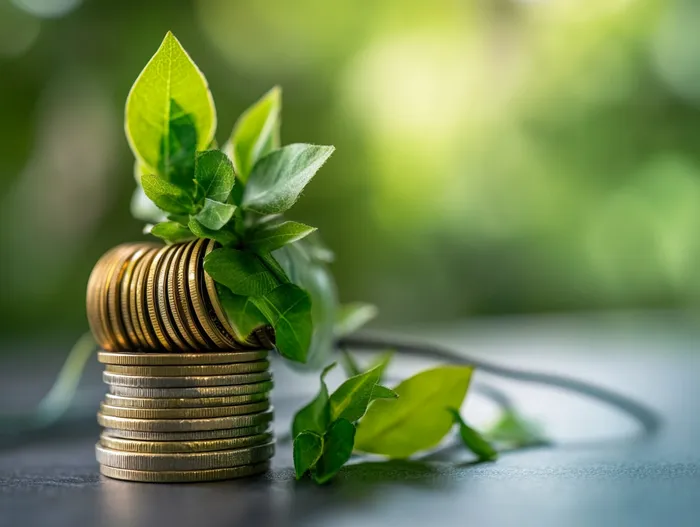 Stos monet z zielonymi liśćmi, obniżenie rachunków za energię bez ponoszenia kosztów